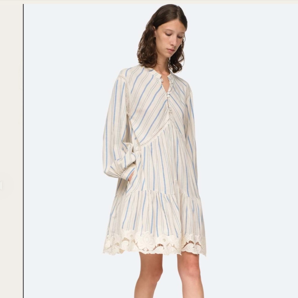 SEA brand dress, beautiful ivory with blue stripe and Lace Hem NWT, size Xs